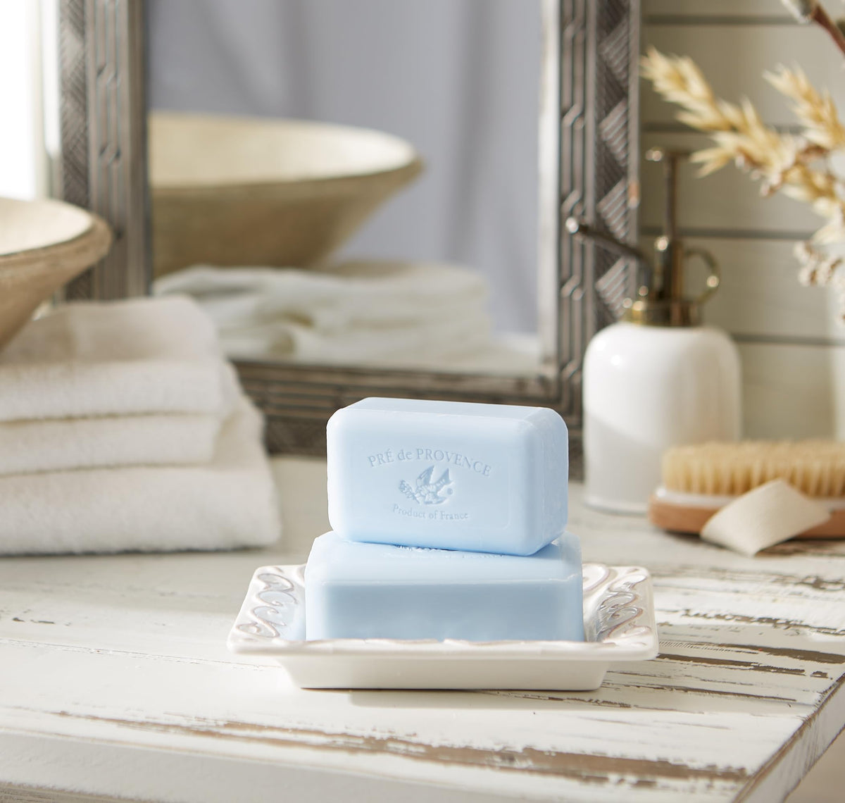 Pre de Provence Artisanal Soap Bar on a bathroom sink
