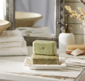 Pre de Provence Artisanal Soap Bar Sage Scent on a bathroom counter