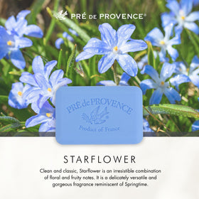 Pre de Provence Artisanal Soap Bar Starflower Scent with floral background