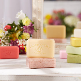 Pre de Provence Artisanal Soap Bar with floral background