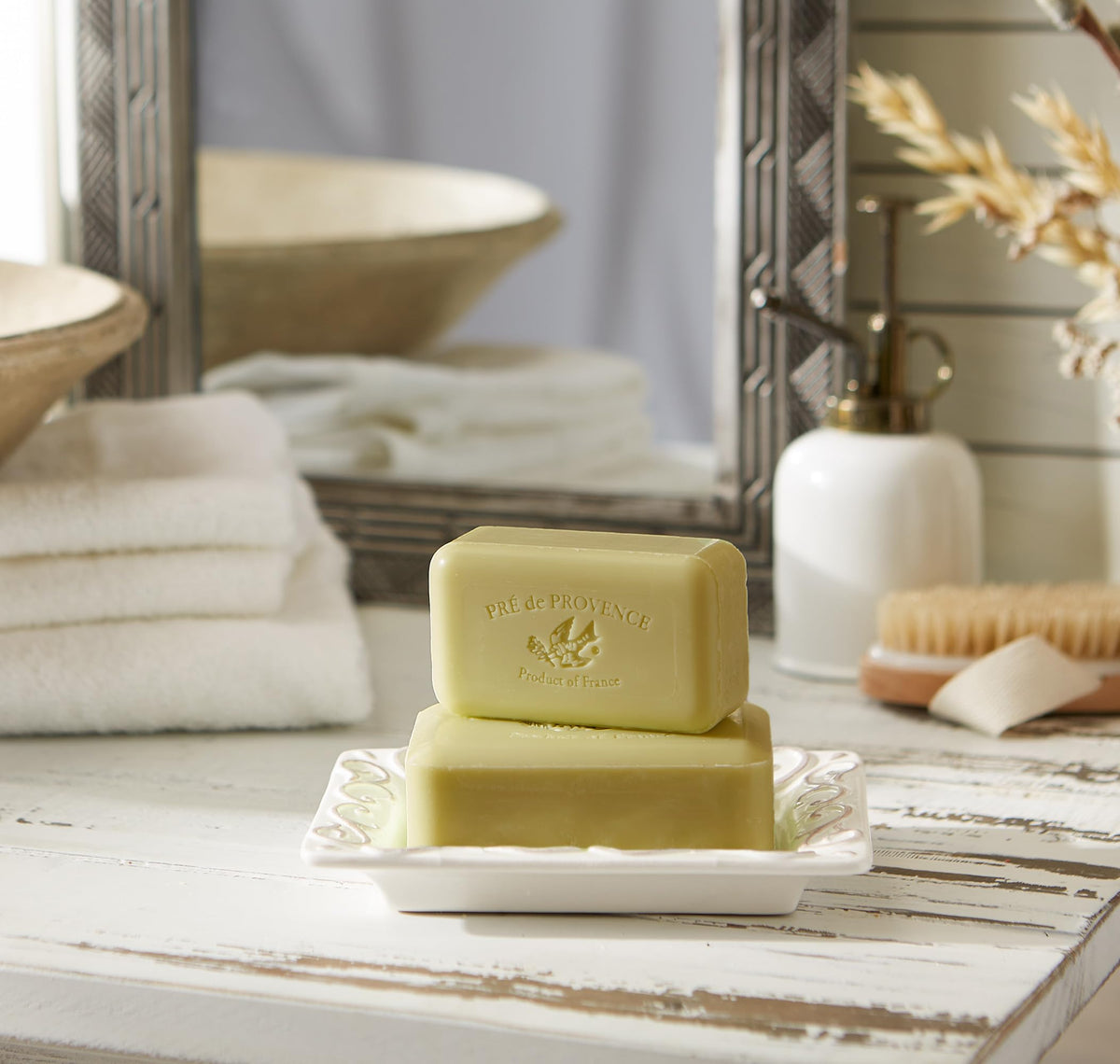 Pre de Provence Green Tea Soap Bar in a bathroom setting