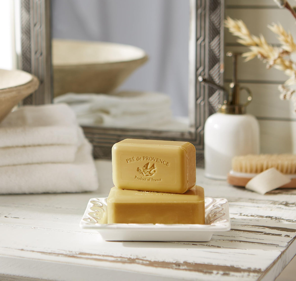 Pre de Provence Verbena Soap Bar in a bathroom setting