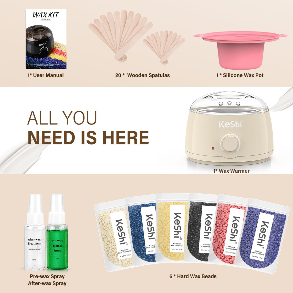 Pre-wax and post-wax sprays included in KeShi Waxing Kit