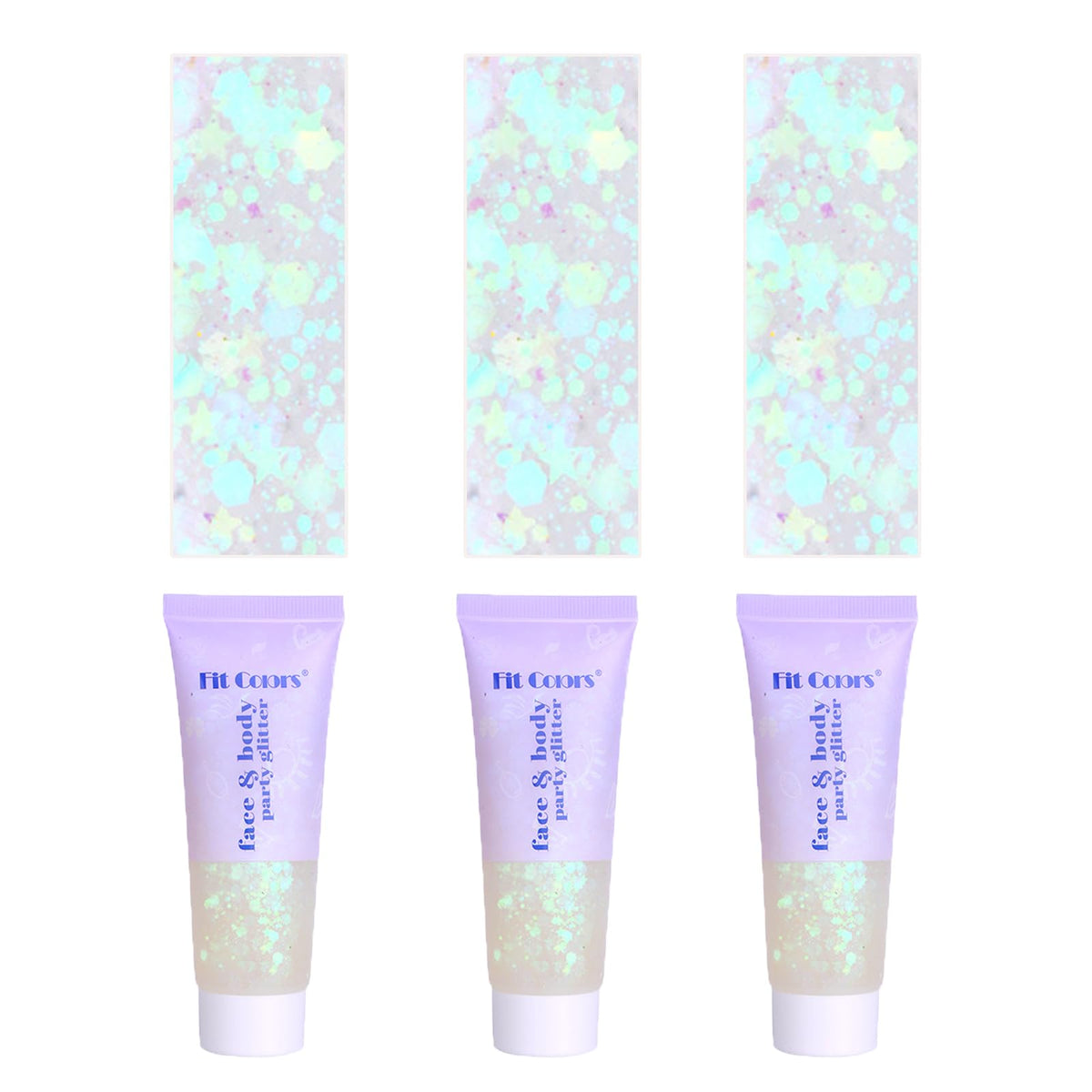 Prehot Face Body Glitter Gel 3pc set in white packaging