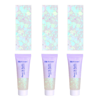 Prehot Face Body Glitter Gel 3pc set in white packaging
