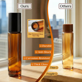 PrettyCare 10ml amber glass roller bottle side view