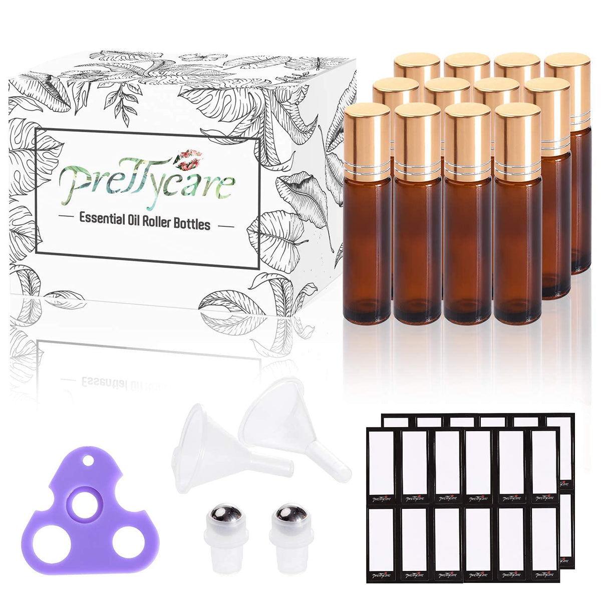 PrettyCare 10ml amber glass roller bottle with stainless steel roller ball