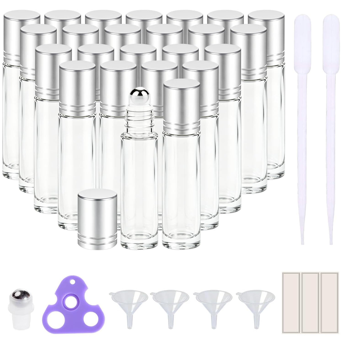 PrettyCare 10ml essential oil roller bottles in clear glass with silver caps