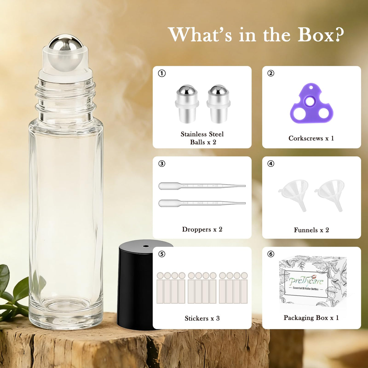 PrettyCare 10ml Essential Oil Roller Bottles with black caps