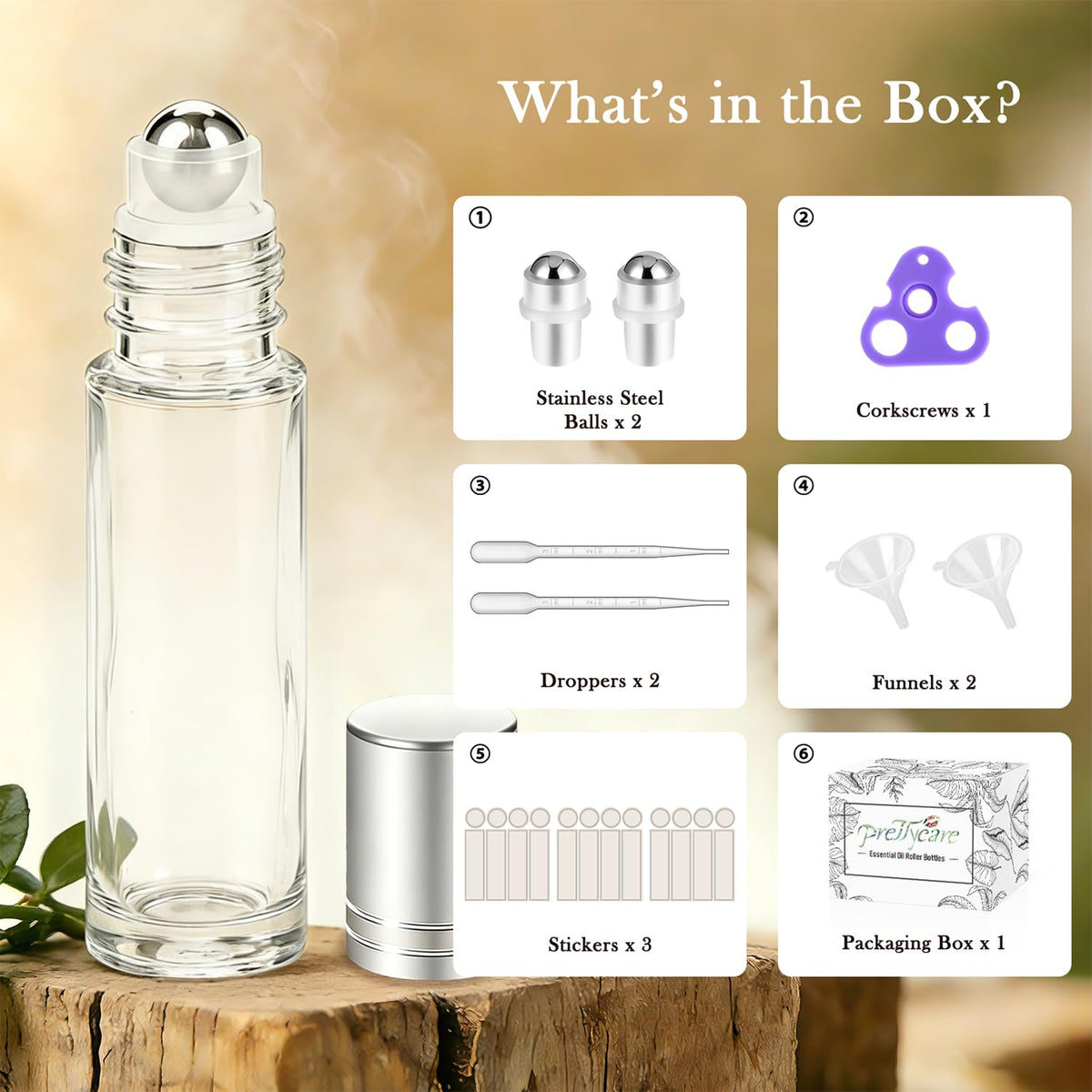 PrettyCare 10ml roller bottle with silver cap
