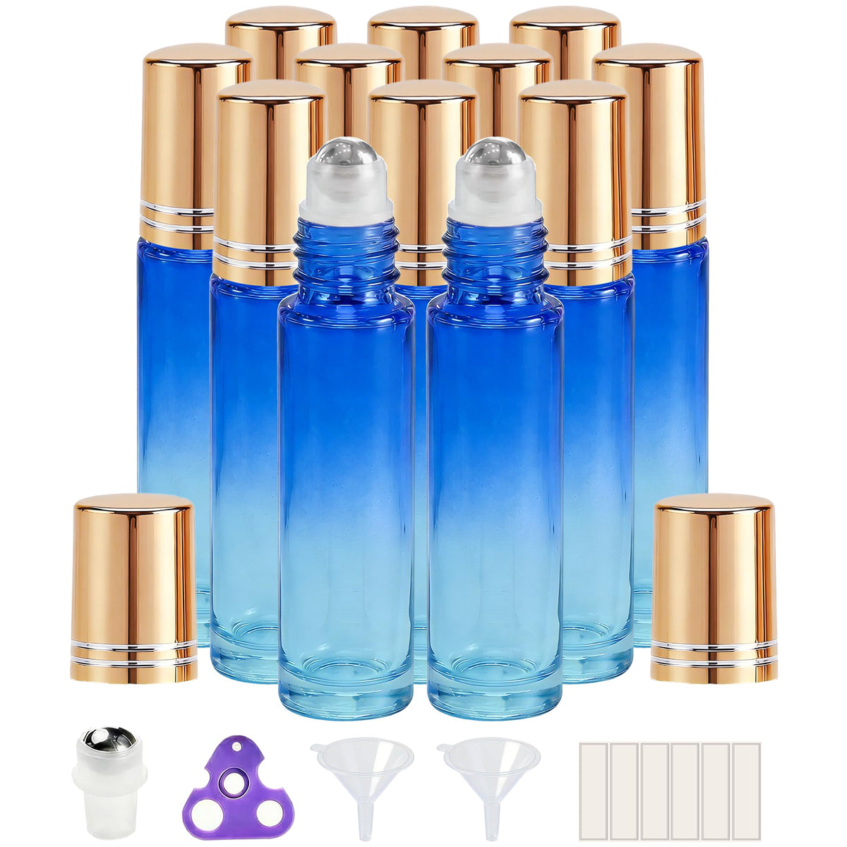 PrettyCare 12 Pack Essential Oil Roller Bottles in blue and yellow