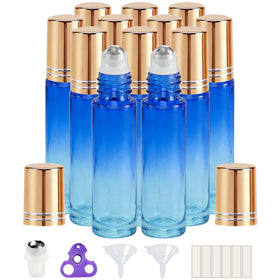 PrettyCare 12 Pack Essential Oil Roller Bottles in blue and yellow
