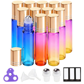 PrettyCare 12 Pack Essential Oil Roller Bottles set in rainbow colours
