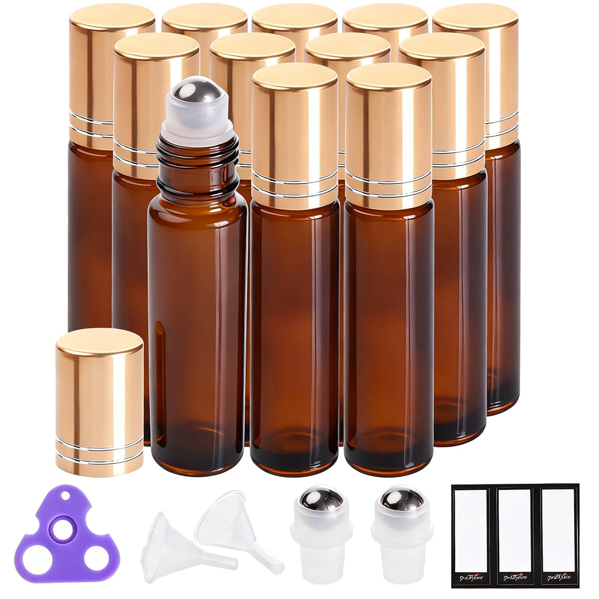 PrettyCare 12 pack of 10ml essential oil roller bottles front view