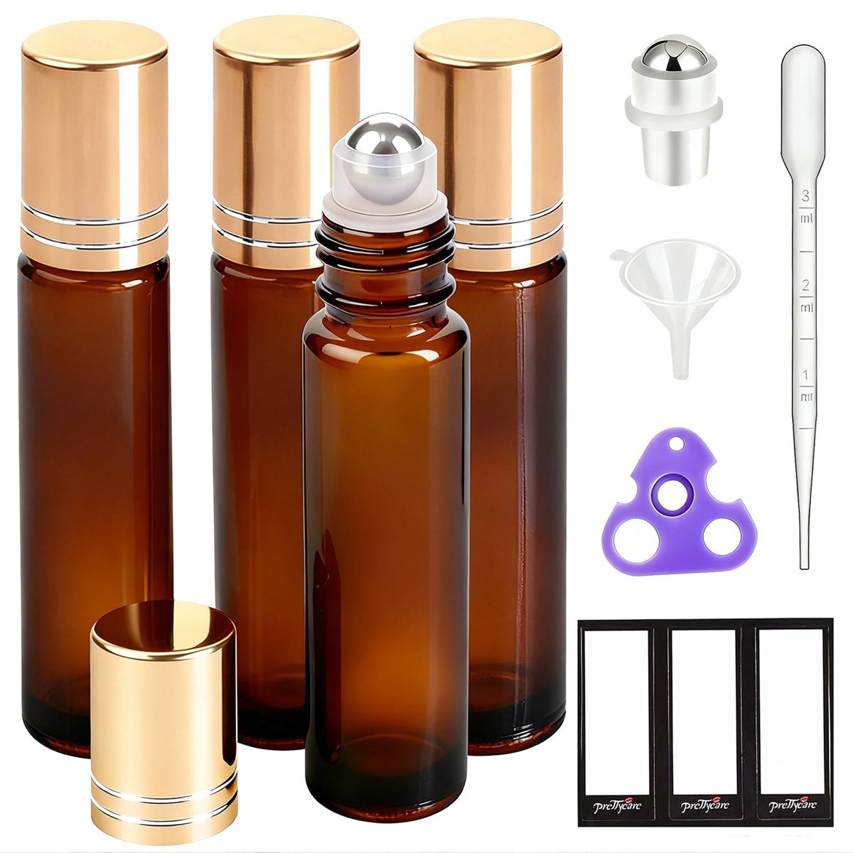 PrettyCare 4 Pack Amber Glass Oil Roller Bottles front view