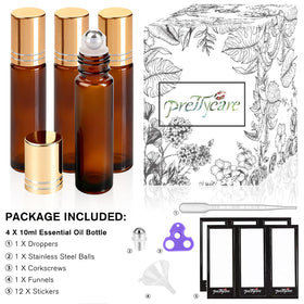 PrettyCare Amber Glass Roller Bottle with funnel and labels