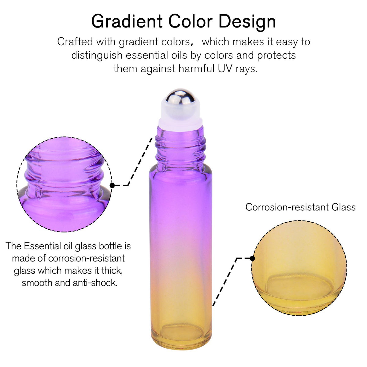 PrettyCare essential oil roller bottles displayed on a wooden surface