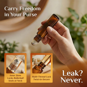 PrettyCare essential oil roller bottles in a travel bag