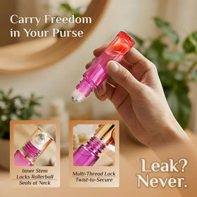 PrettyCare essential oil roller bottles with golden caps displayed on a white background