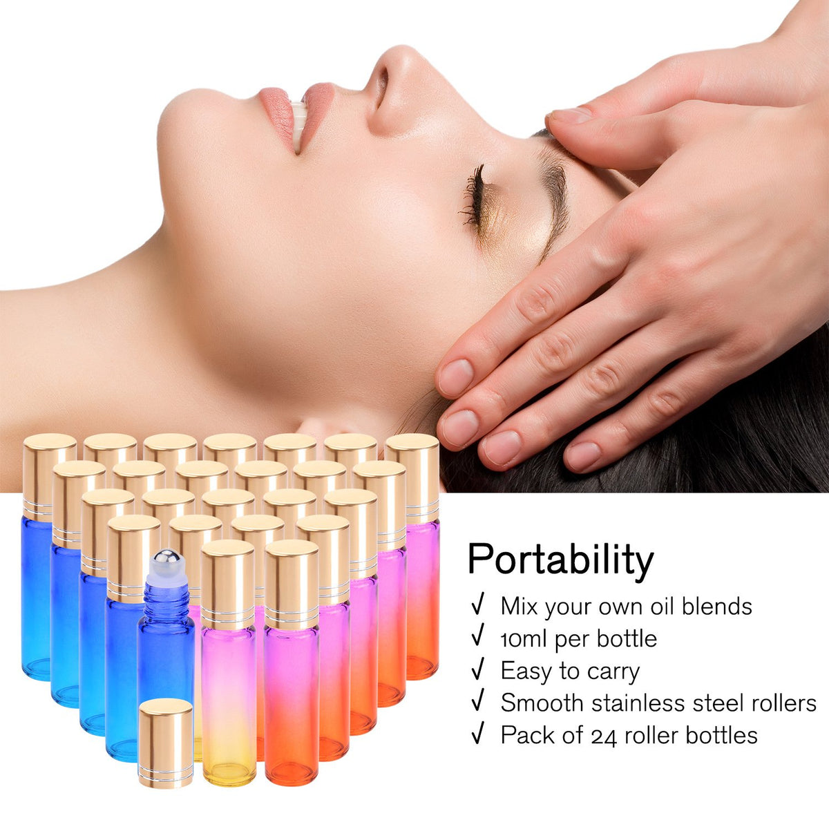 PrettyCare roller bottles arranged with stickers