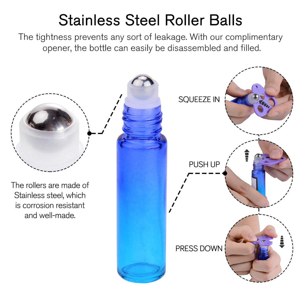 PrettyCare roller bottles with metal caps and funnels