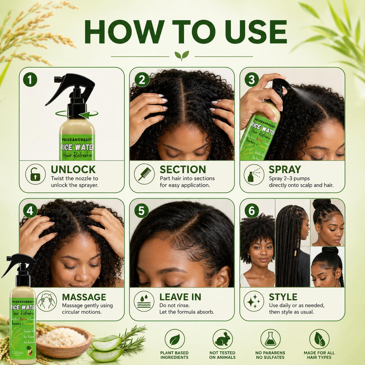PRIDE AND BEAUTY Rice Water Hair Spray with rosemary leaves
