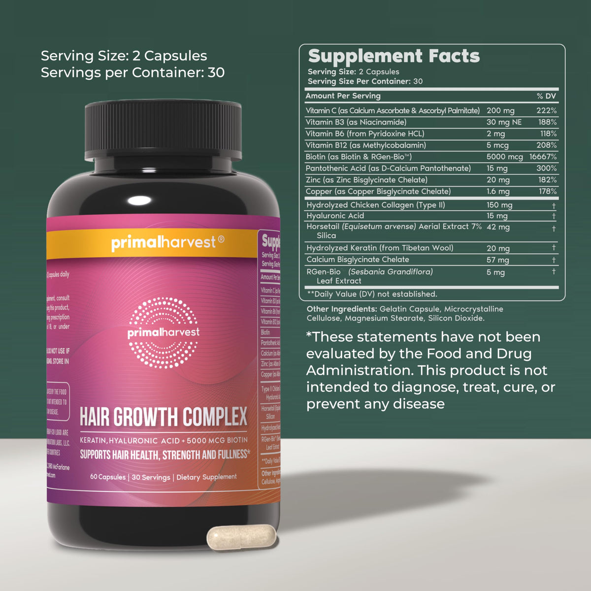Primal Harvest Hair Growth Complex capsules close-up