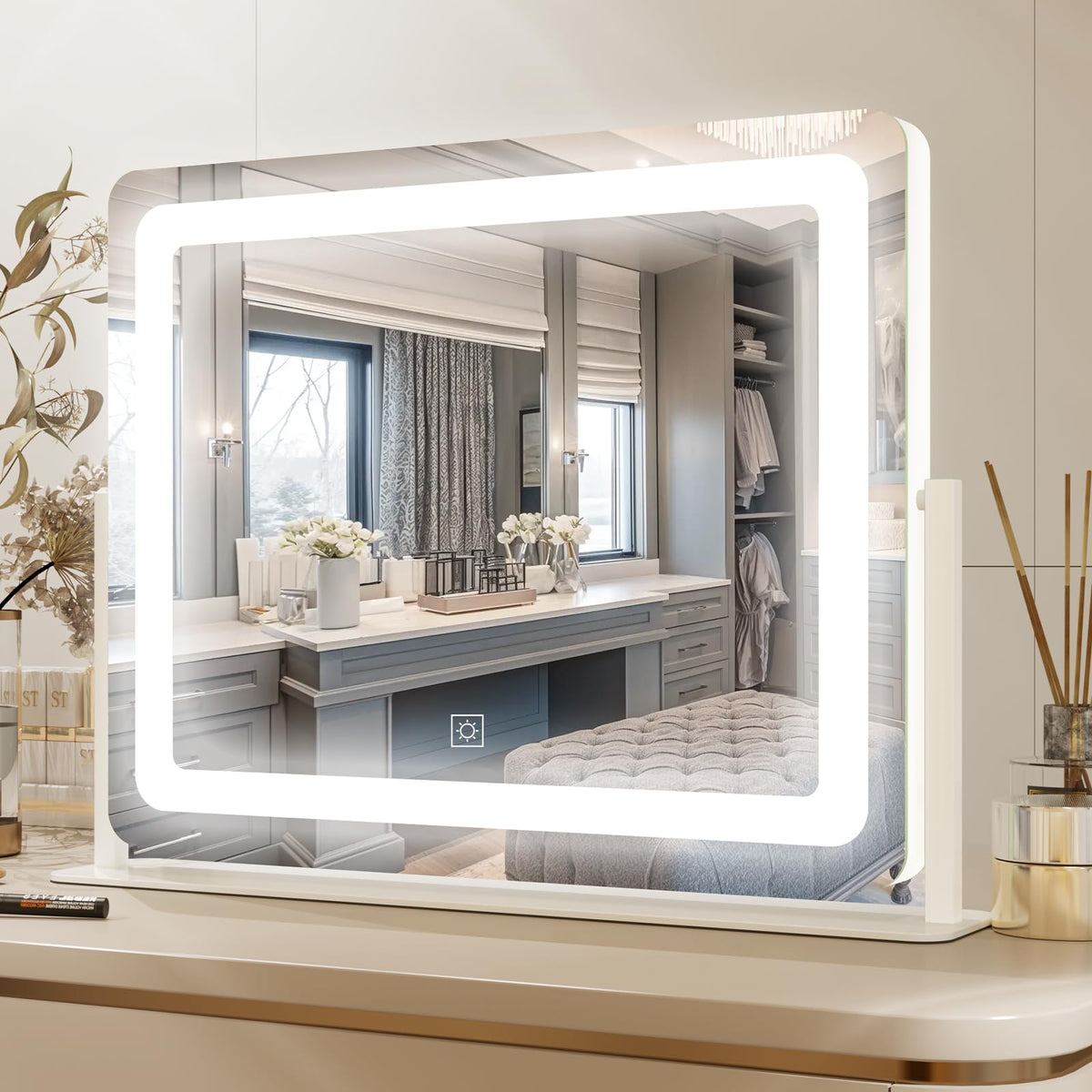 PRIMETEK 22"x19" LED Vanity Mirror front view with lights