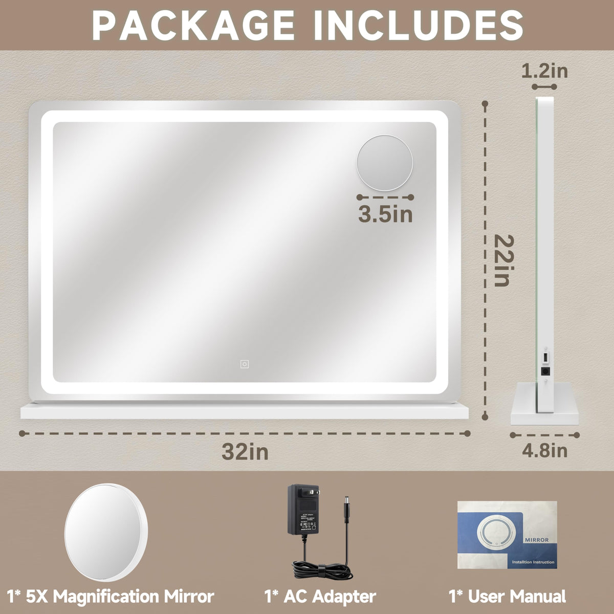 PRIMETEK Large LED Vanity Mirror with natural light setting