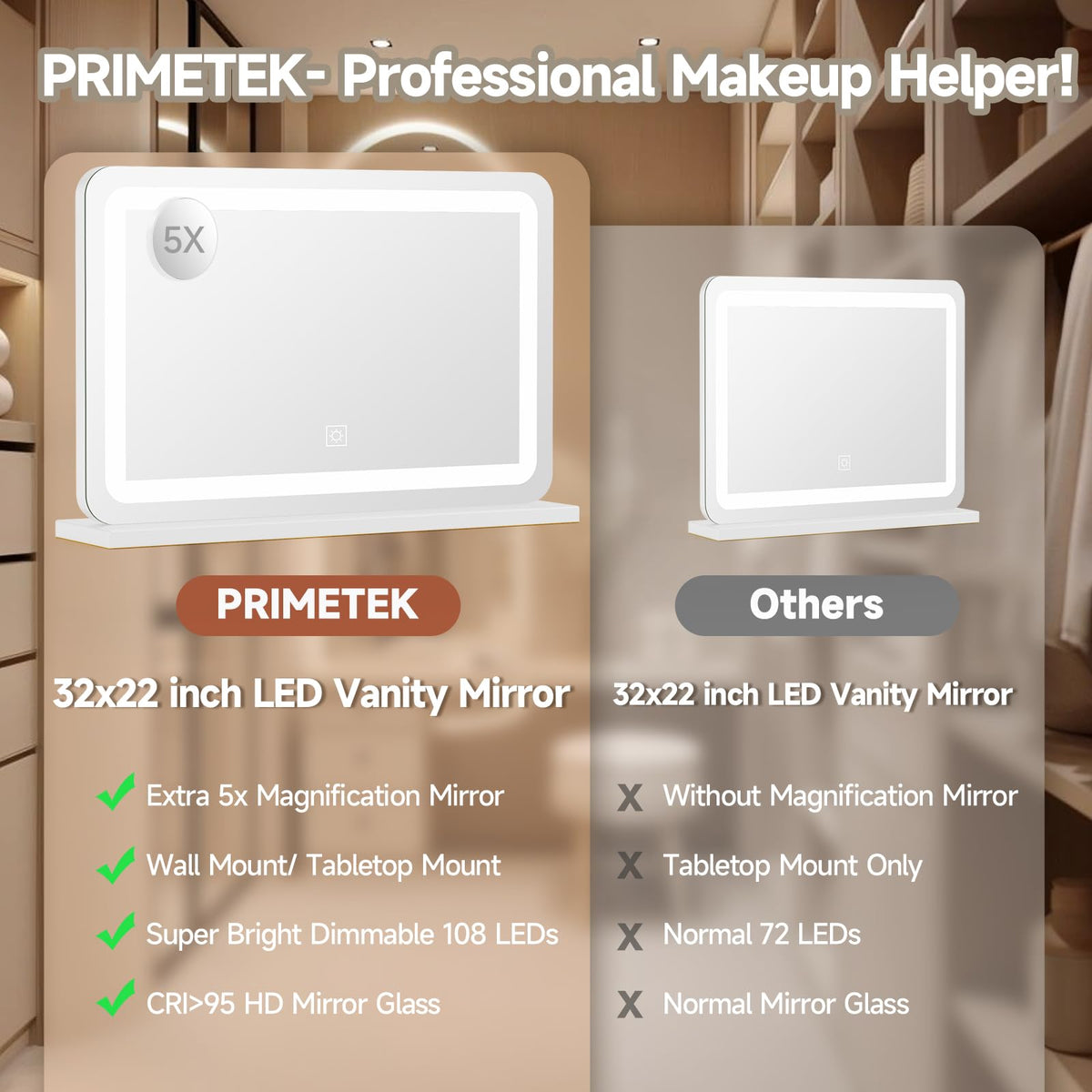 PRIMETEK Large LED Vanity Mirror with warm white light setting