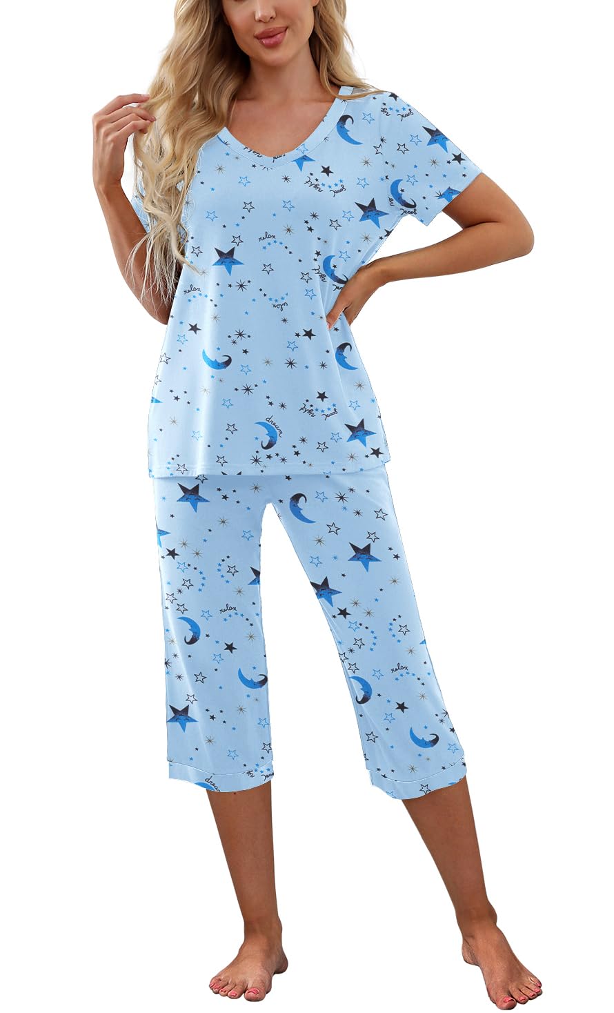 PrinStory Women's Capri Pajama Set side view showing pockets