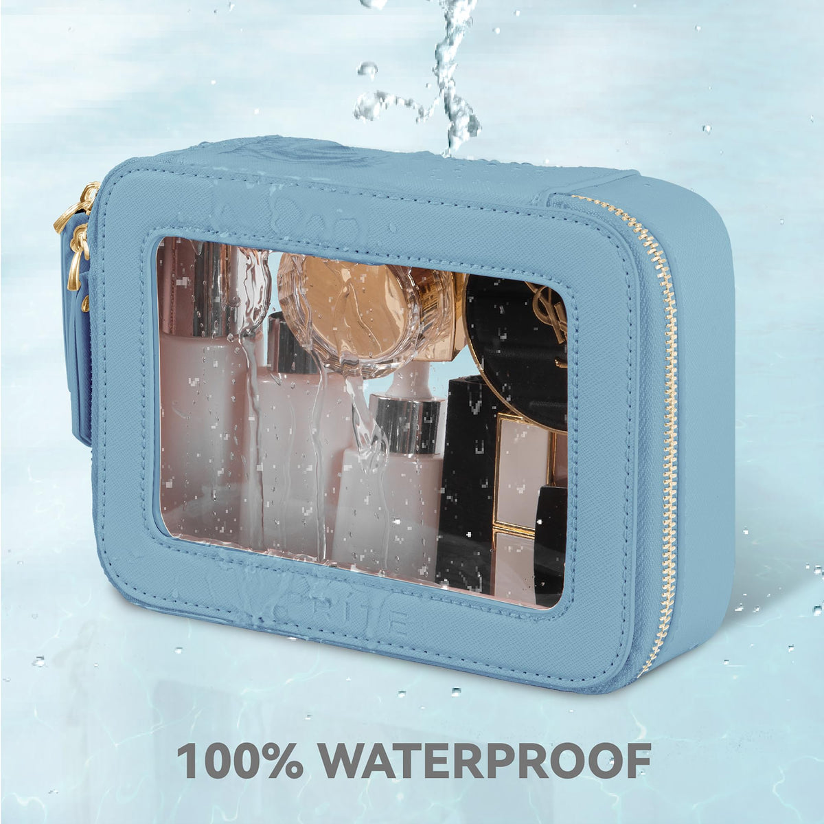 Prite Clear Makeup Bag displayed with skincare products