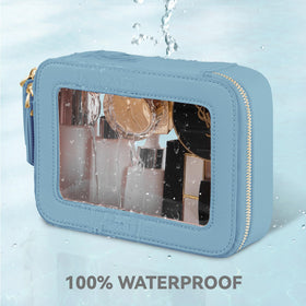 Prite Clear Makeup Bag displayed with skincare products