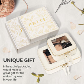 Prite Clear Makeup Bag Set lifestyle scene with cosmetics