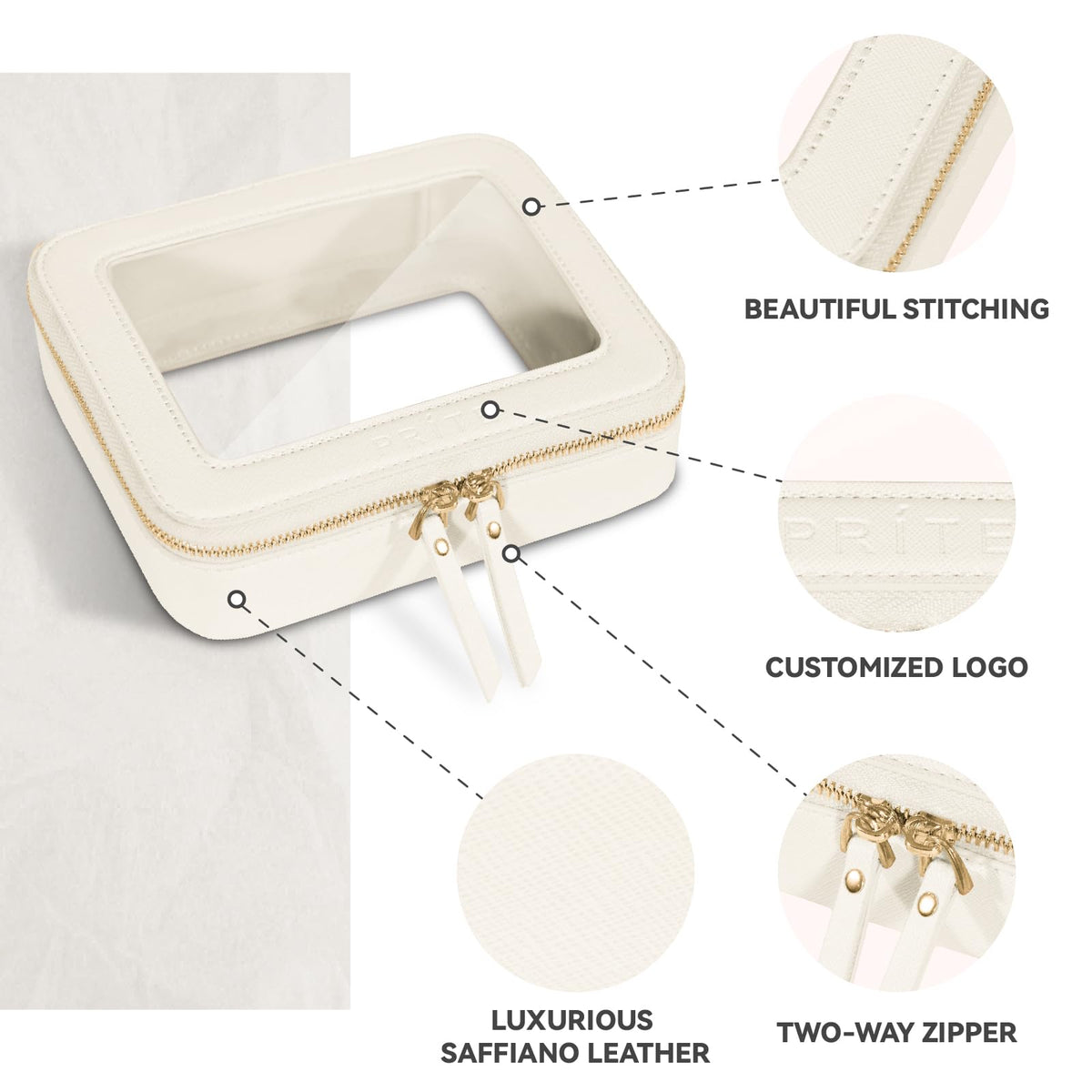 Prite Clear Makeup Bag Set side view with PU leather finish