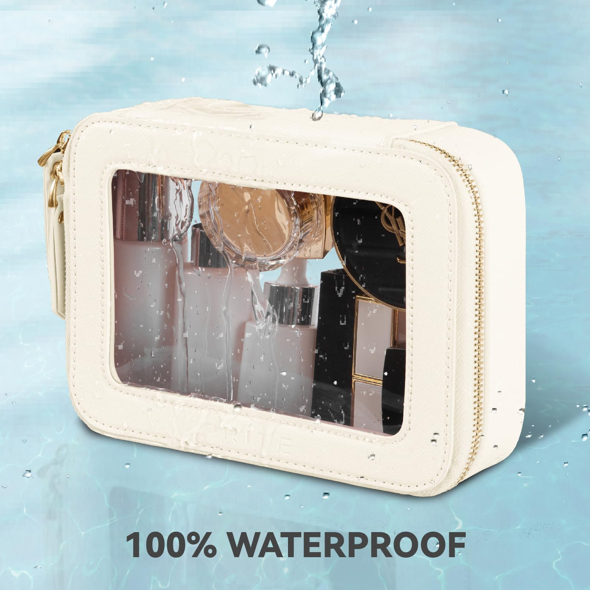 Prite Clear Makeup Bag with cosmetics and brushes inside