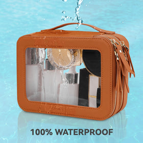 Prite Double Layer Clear Makeup Bag displayed on a vanity with beauty products