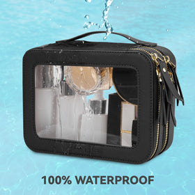 Prite Double Layer Clear Makeup Bag displayed with cosmetics