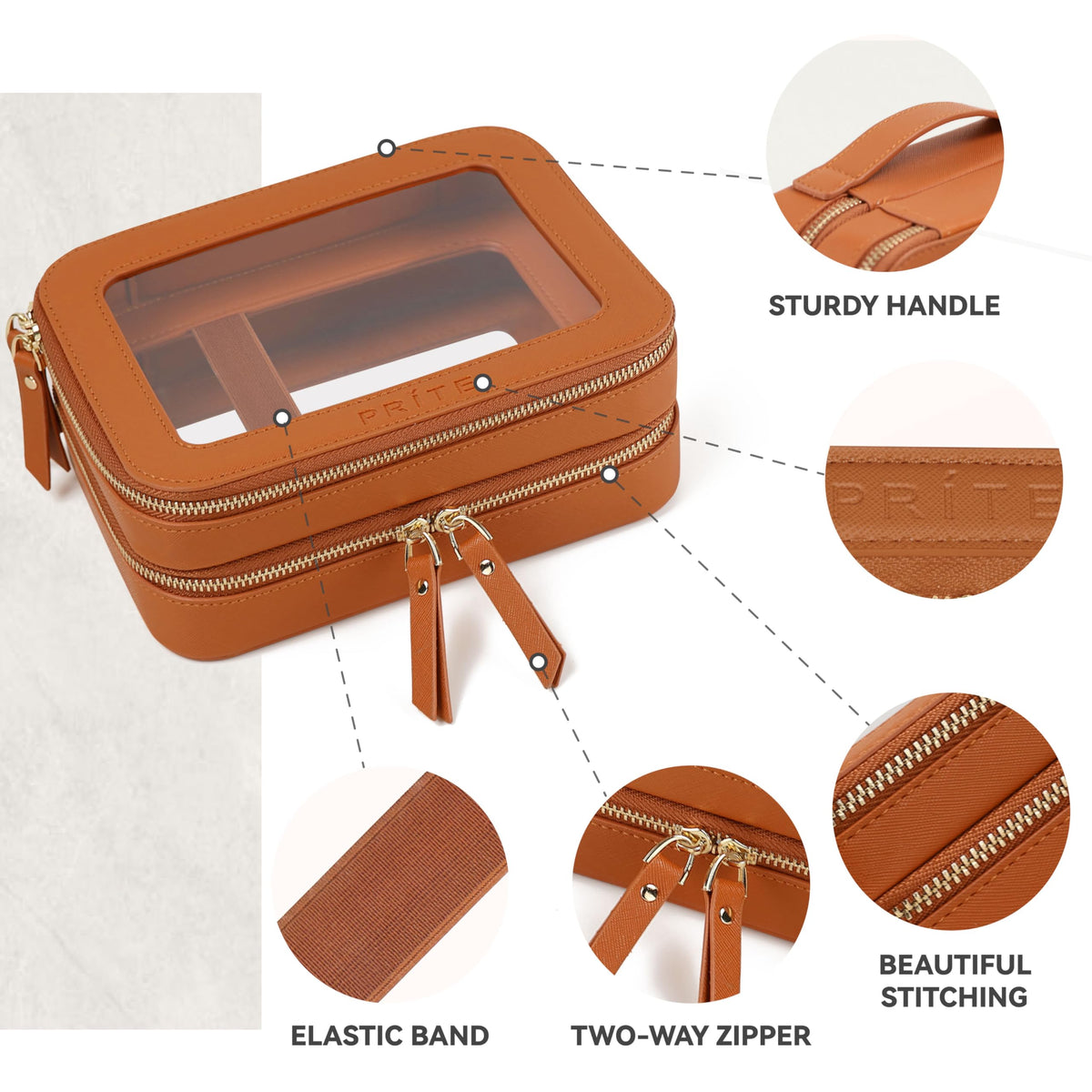 Prite Double Layer Clear Makeup Bag in a stylish setting with cosmetics