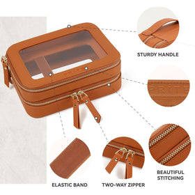 Prite Double Layer Clear Makeup Bag in a stylish setting with cosmetics