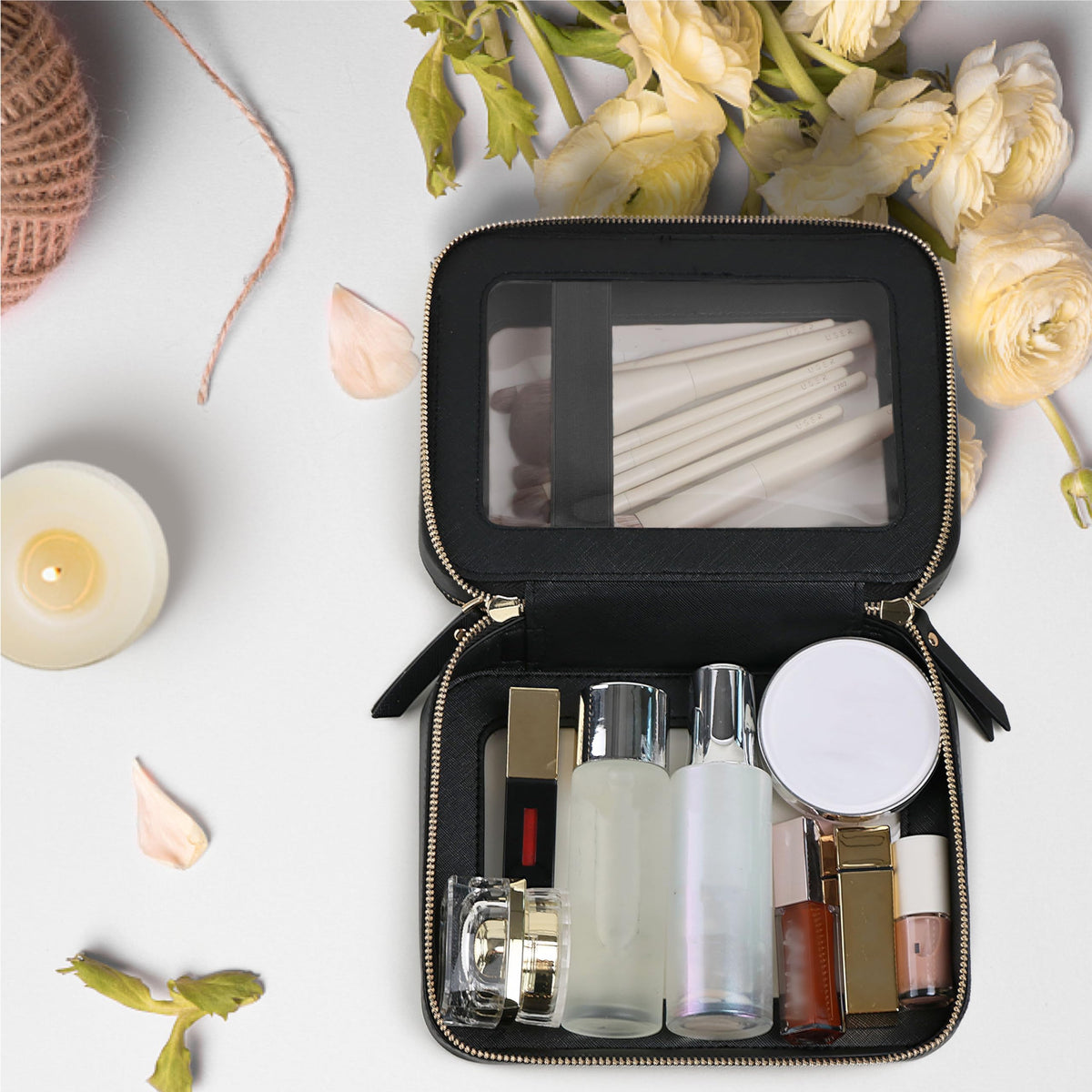Prite Double Layer Clear Makeup Bag showing interior compartments