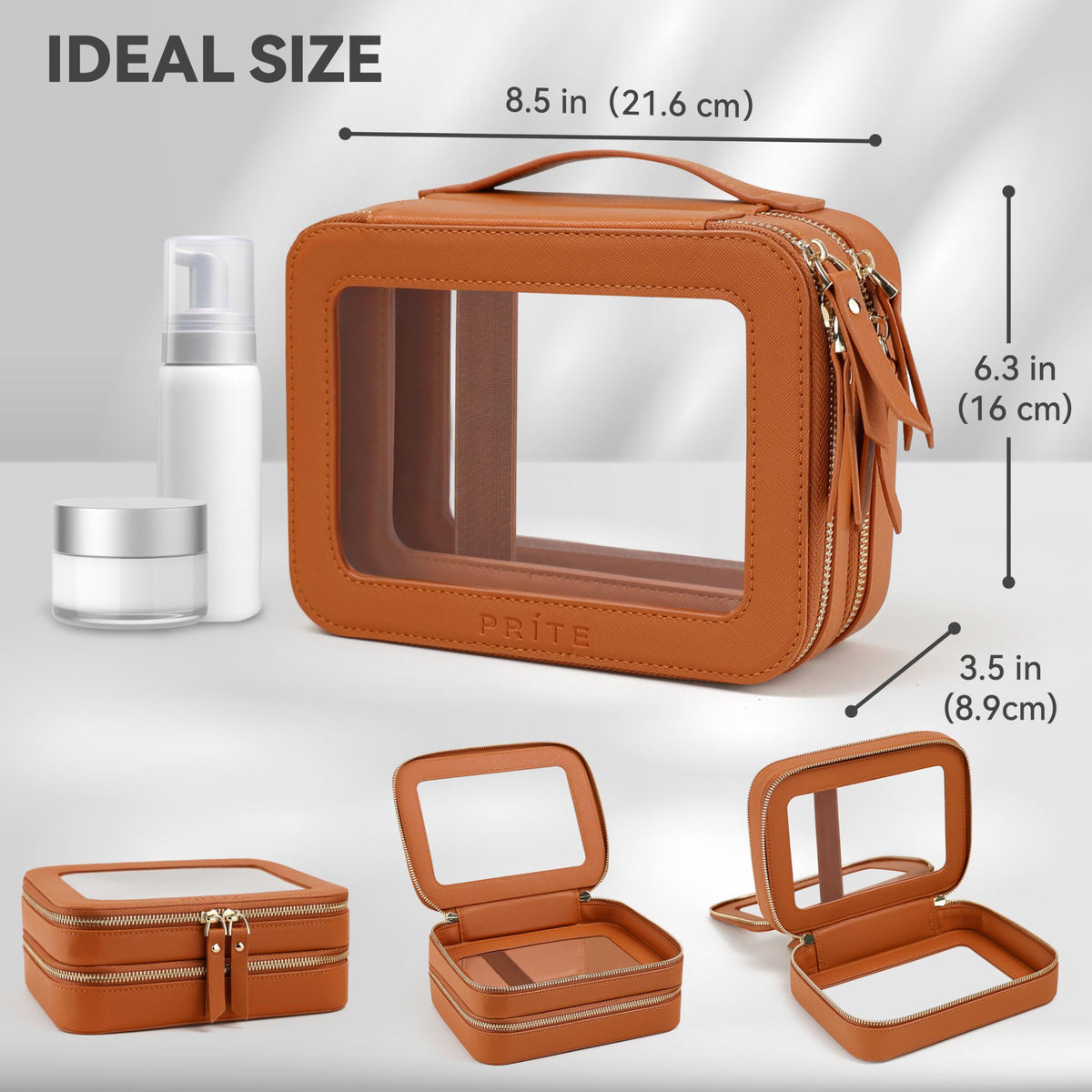 Prite Double Layer Clear Makeup Bag side view highlighting stitching and zippers