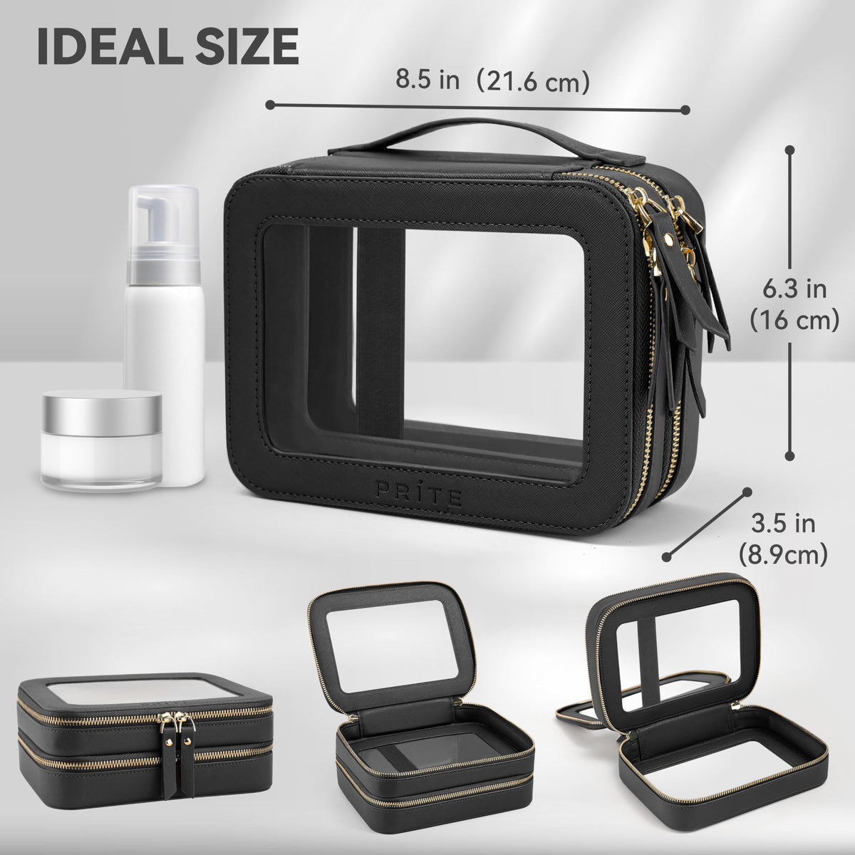 Prite Double Layer Clear Makeup Bag side view with PU leather finish