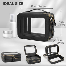Prite Double Layer Clear Makeup Bag side view with PU leather finish
