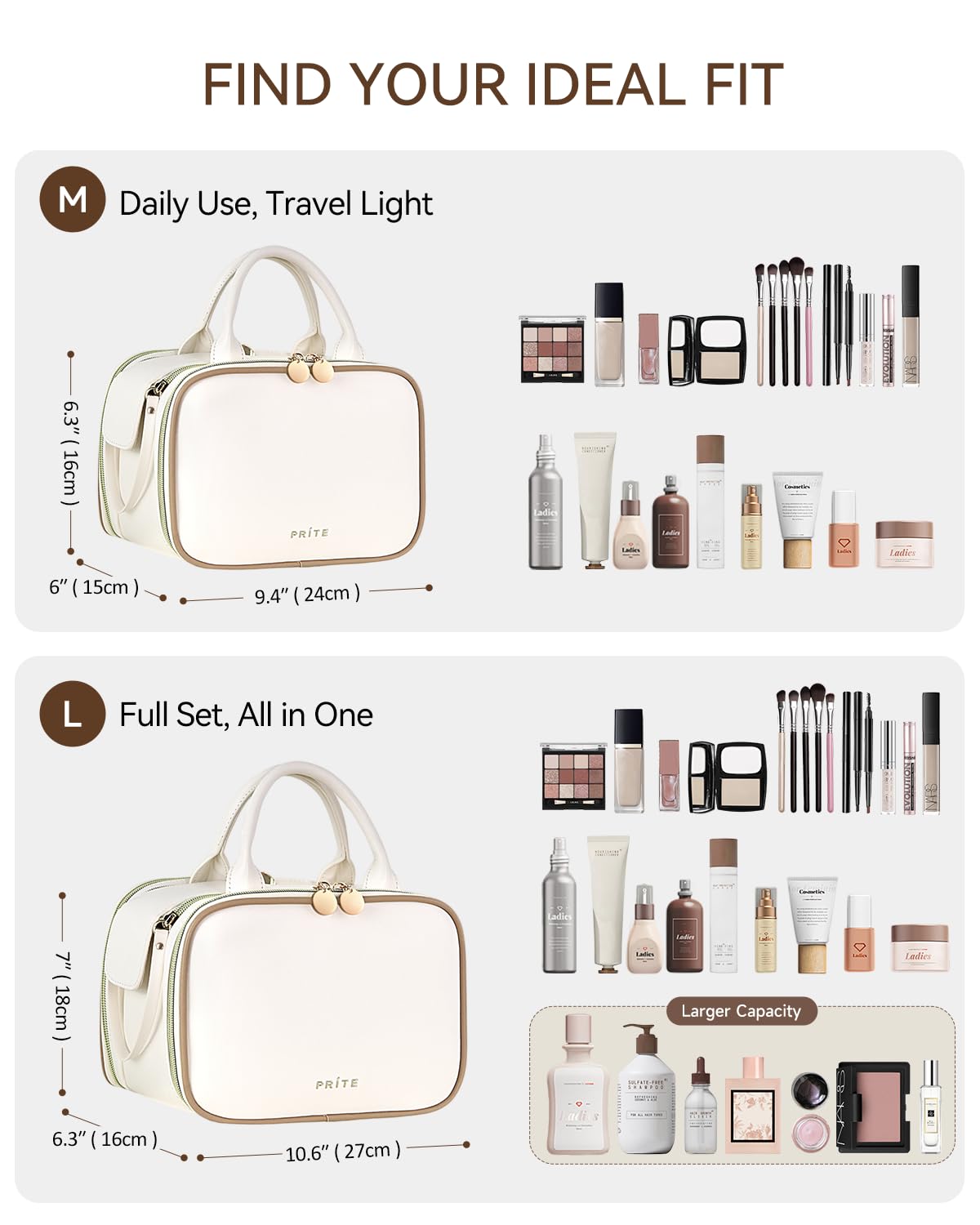 Prite Large Makeup Bag open showing compartments and brush holder