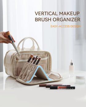 Prite Large Makeup Bag packed with beauty tools and cosmetics