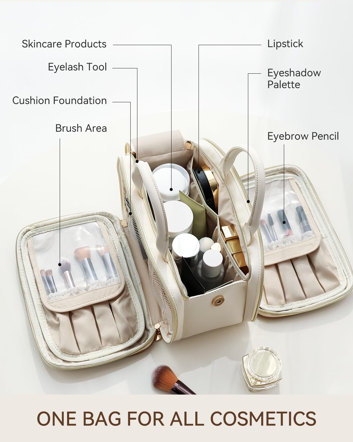 Prite Large Makeup Bag side view with top leather handle