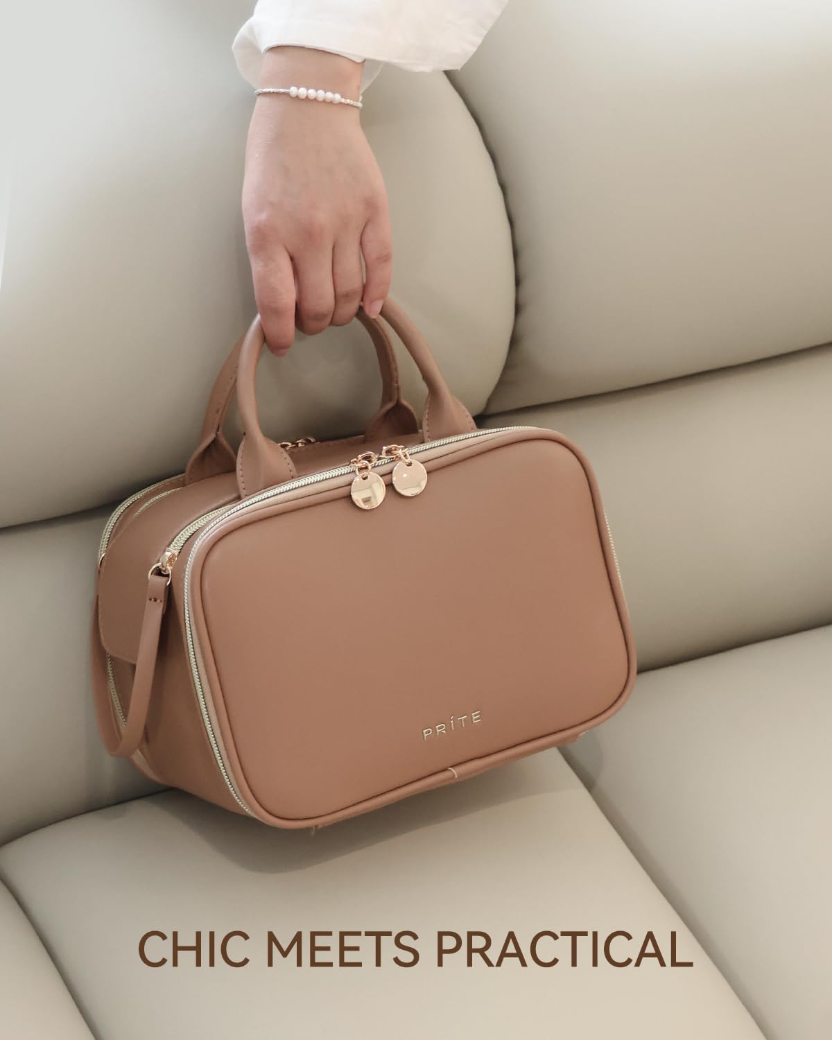 Prite Large Makeup Bag with zippers and waterproof leather
