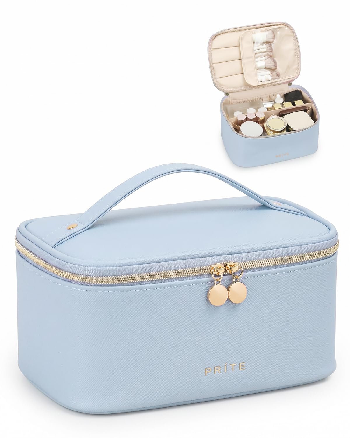 Prite Makeup Bag blue model front view with spacious design