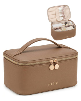 Prite Makeup Bag front view in brown with zipper